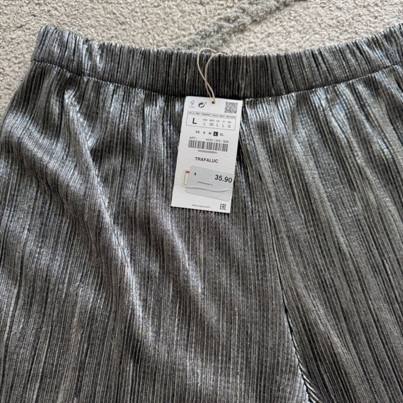 Zara metallic silver wide leg culotte pleated pull on pants large new - Picture 3 of 7